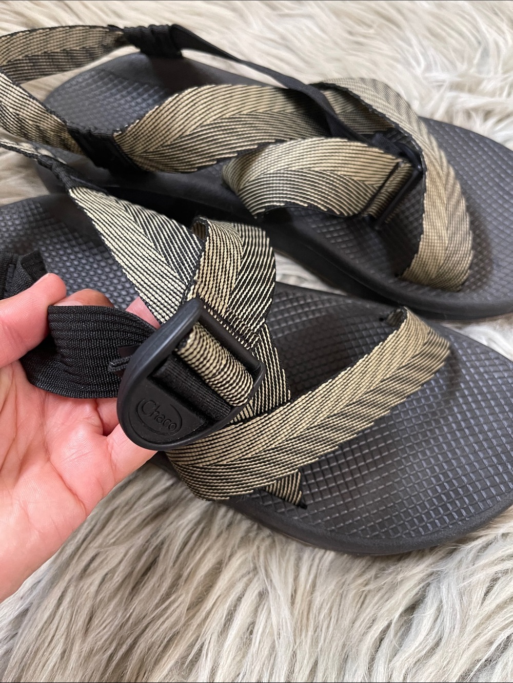 Chaco Black Sandals with Tan-Striped Webbing - Picture 4 of 7